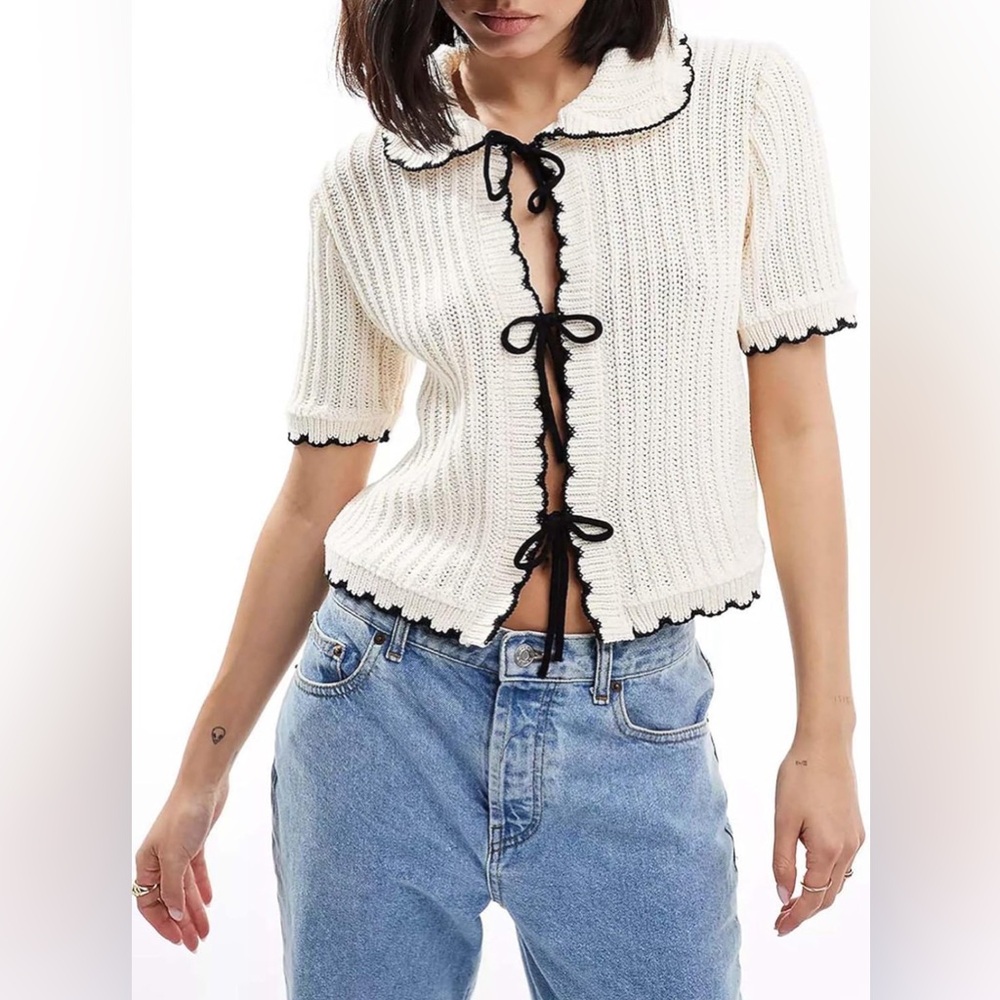 DREAMERS BY DEBUT White Knit Scallop Peter Pan Collar‎ Front Tie Cardigan Size L